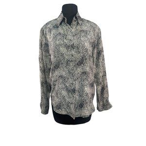 Allison Taylor Size Small 100 % Silk Button Up Shirt Black Cream Dot Pattern